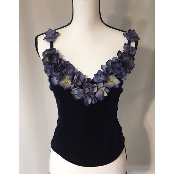 Tops - Delicate Blue Velvet Flower Strap Dressy Top